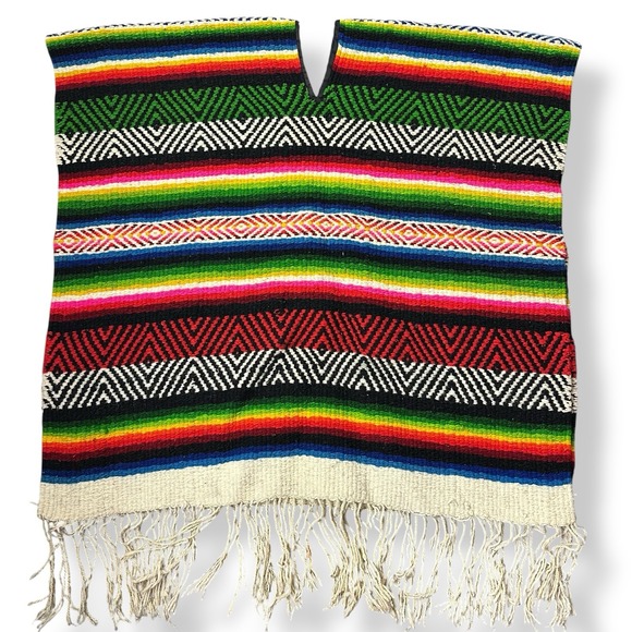 Other - Vintage Mexican Serape Poncho Large Heavy  Textile Woven Wool 70x74‎ w/ Fringe